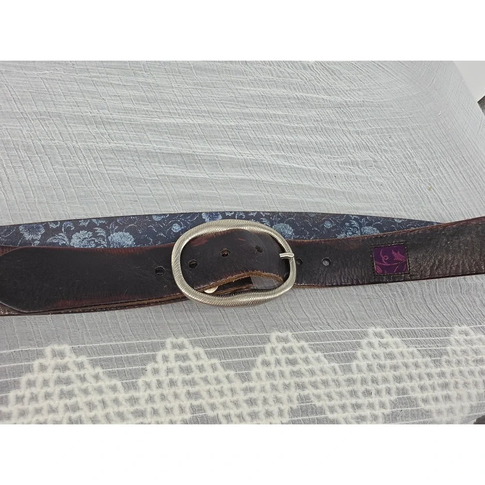 Robert Graham Mens Reversible Leather Belt Brown Blue Floral Silver Buckle 38